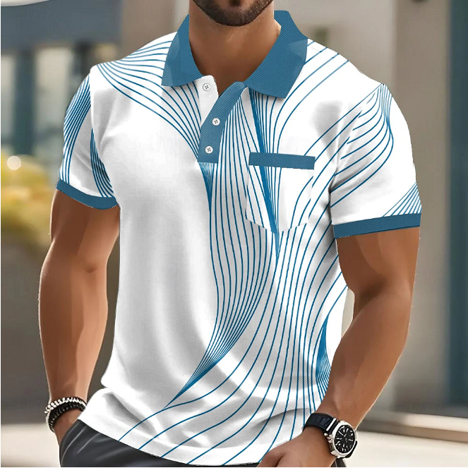 Polo de manga corta con cuello para hombre, estilo informal, para negocios, actividades al aire libre, ropa deportiva, uso diario, estampado 3D, botones, verano, negro, rojo y azul.
