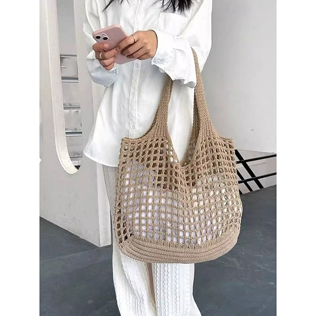 Bolsa de malla de crochet hecha a mano: ligera y ecológica, estilo bohemio, reutilizable, ideal para playa, vacaciones de verano y uso diario.