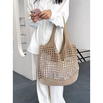 Bolsa de malla de crochet hecha a mano: ligera y ecológica, estilo bohemio, reutilizable, ideal para playa, vacaciones de verano y uso diario.