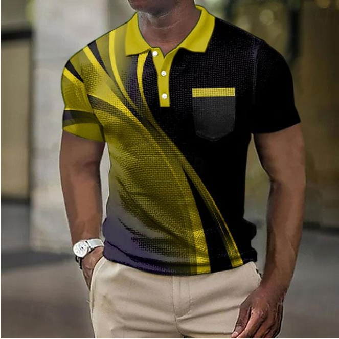 Polos con estampados gráficos geométricos y diseño de gofre para hombre, polos de manga corta, polos informales para salir, estampados, verano, primavera, amarillo, azul y morado.