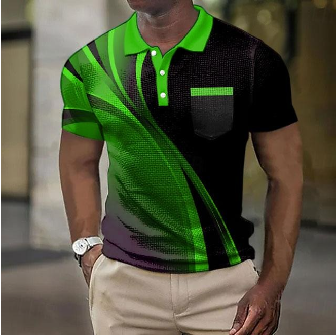 Polos con estampados gráficos geométricos y diseño de gofre para hombre, polos de manga corta, polos informales para salir, estampados, verano, primavera, amarillo, azul y morado.