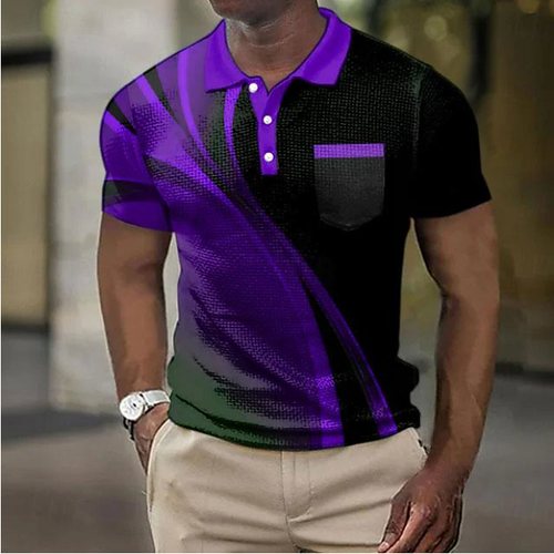 Polos con estampados gráficos geométricos y diseño de gofre para hombre, polos de manga corta, polos informales para salir, estampados, verano, primavera, amarillo, azul y morado.
