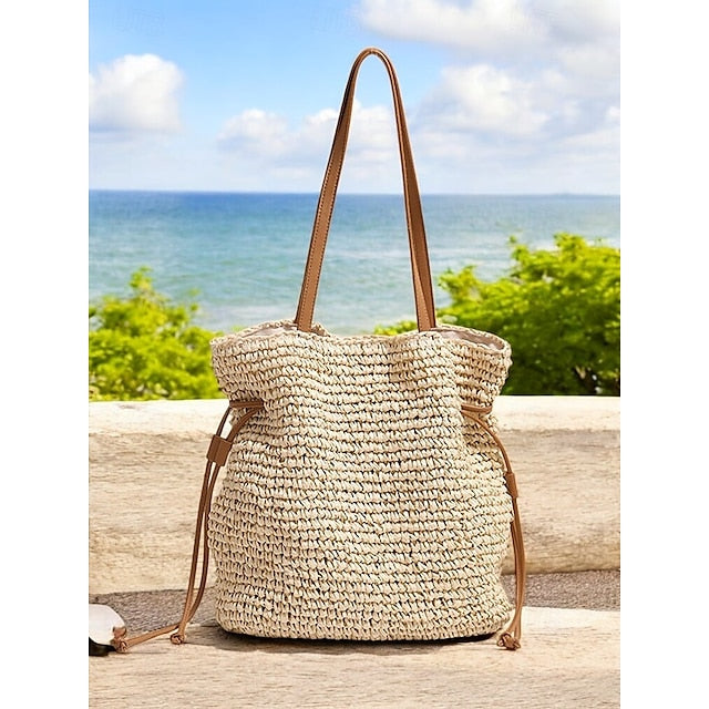 Bolso de paja tejido a mano, estilo bohemio, con cordón ajustable, ligero, para playa y verano, accesorio informal para vacaciones y viajes. Color beige y café.