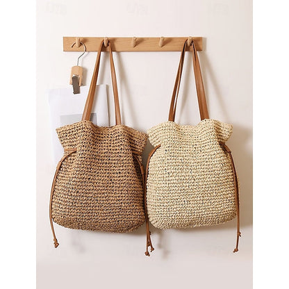 Bolso de paja tejido a mano, estilo bohemio, con cordón ajustable, ligero, para playa y verano, accesorio informal para vacaciones y viajes. Color beige y café.