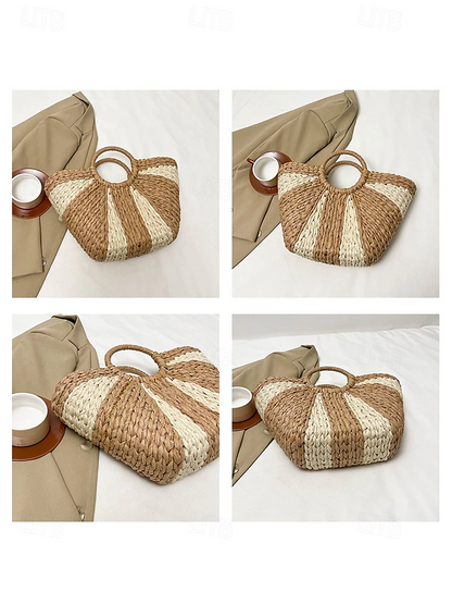 Elegante bolso de playa de paja tejida para mujer con asas circulares, gran capacidad, diseño bohemio ecológico, perfecto para verano, vacaciones y excursiones2.