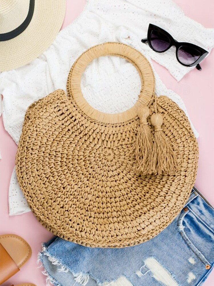 Bolso tote redondo de paja tejida a mano de gran capacidad para mujer - Bolso bohemio de playa con borlas, cartera de ratán para vacaciones de verano, ideal para viajes, compras y vacaciones, marrón y beige
