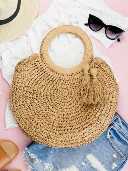 Bolso tote redondo de paja tejida a mano de gran capacidad para mujer - Bolso bohemio de playa con borlas, cartera de ratán para vacaciones de verano, ideal para viajes, compras y vacaciones, marrón y beige