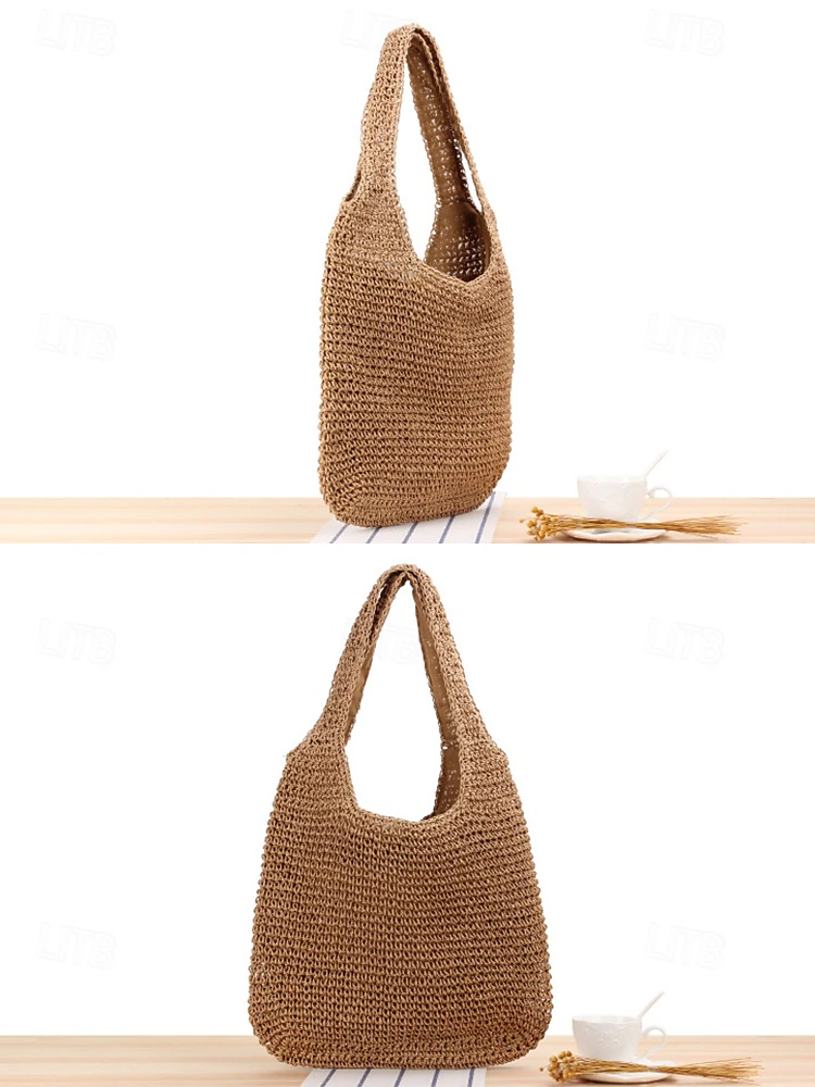 Bolso de hombro de paja tejida a mano para mujer: bolso de playa bohemio grande para viajes de verano, vacaciones y conjuntos casuales.