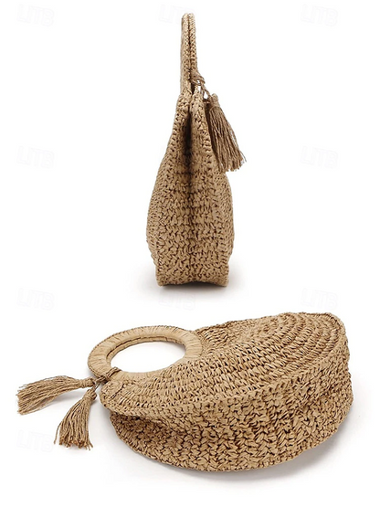 Bolso tote redondo de paja tejida a mano de gran capacidad para mujer - Bolso bohemio de playa con borlas, cartera de ratán para vacaciones de verano, ideal para viajes, compras y vacaciones, marrón y beige