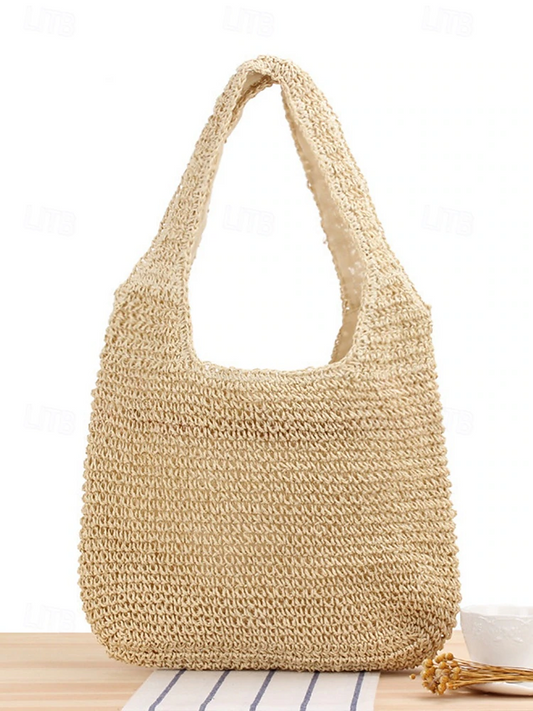 Bolso de hombro de paja tejida a mano para mujer: bolso de playa bohemio grande para viajes de verano, vacaciones y conjuntos casuales.