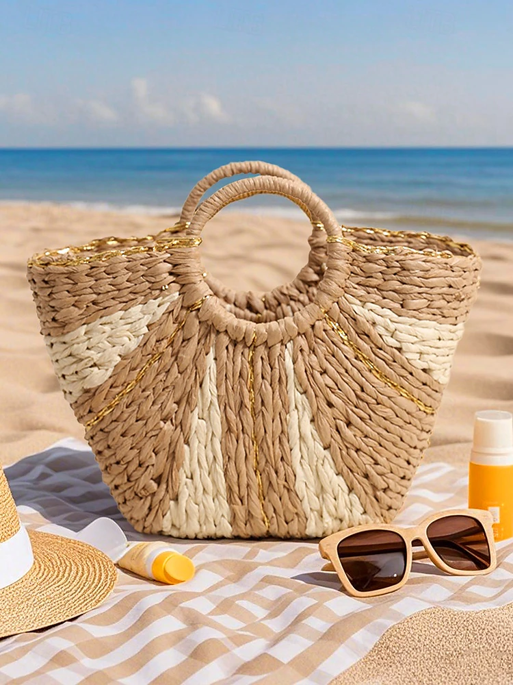 Elegante bolso de playa de paja tejida para mujer con asas circulares, gran capacidad, diseño bohemio ecológico, perfecto para verano, vacaciones y excursiones2.