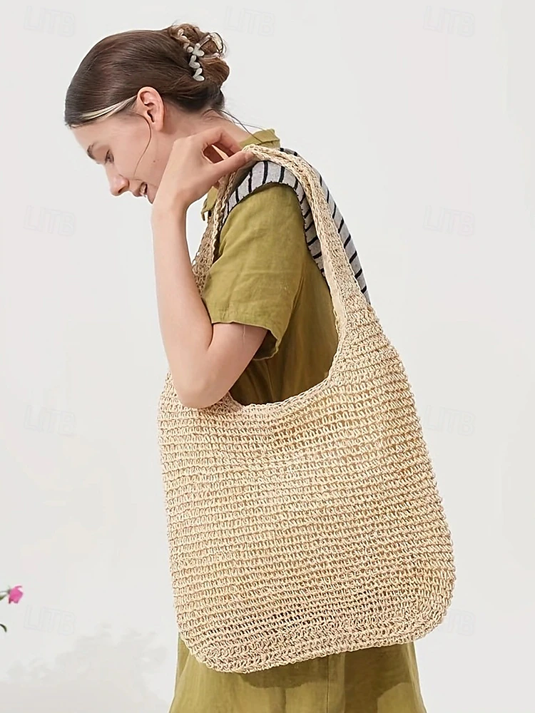 Bolso de hombro de paja tejida a mano para mujer: bolso de playa bohemio grande para viajes de verano, vacaciones y conjuntos casuales.