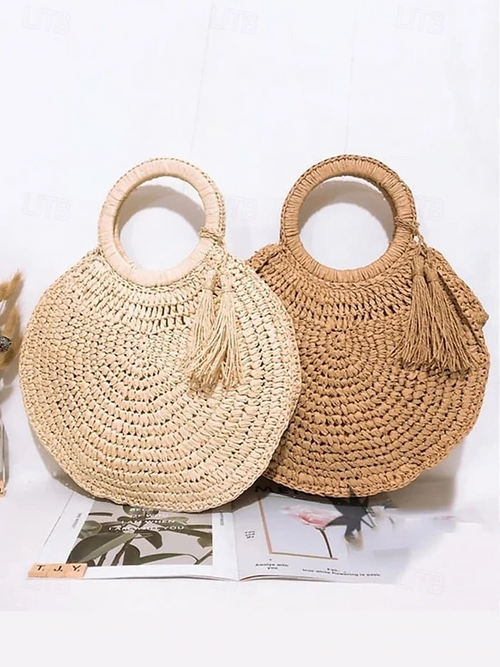 Bolso tote redondo de paja tejida a mano de gran capacidad para mujer - Bolso bohemio de playa con borlas, cartera de ratán para vacaciones de verano, ideal para viajes, compras y vacaciones, marrón y beige
