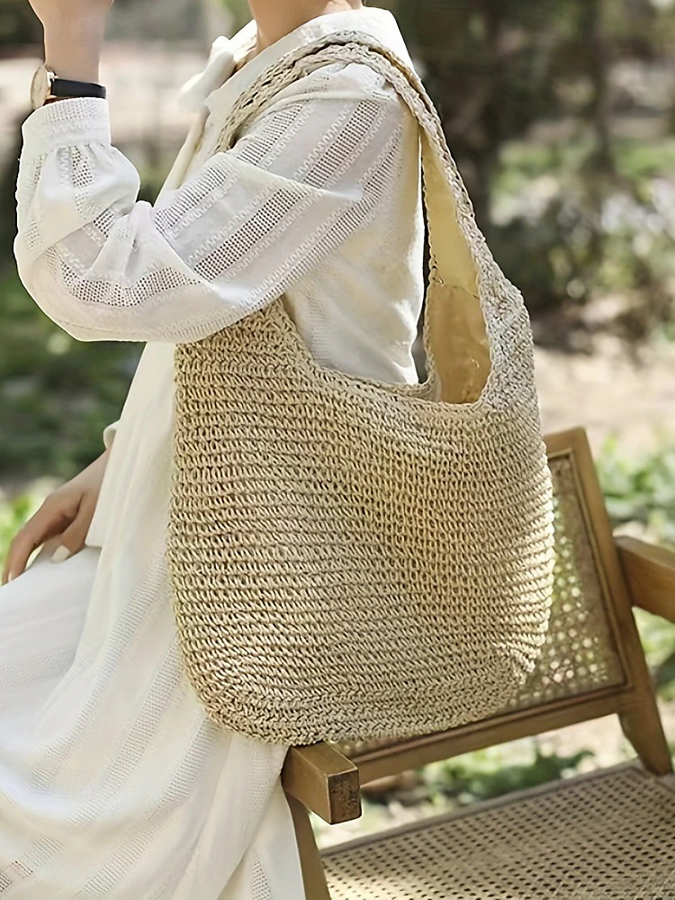 Bolso de hombro de paja tejida a mano para mujer: bolso de playa bohemio grande para viajes de verano, vacaciones y conjuntos casuales.