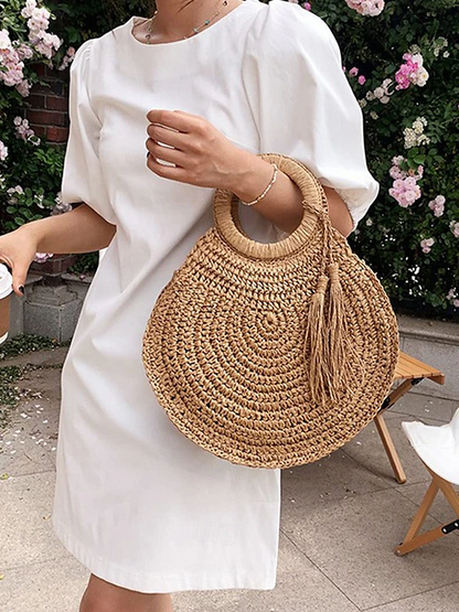 Bolso tote redondo de paja tejida a mano de gran capacidad para mujer - Bolso bohemio de playa con borlas, cartera de ratán para vacaciones de verano, ideal para viajes, compras y vacaciones, marrón y beige